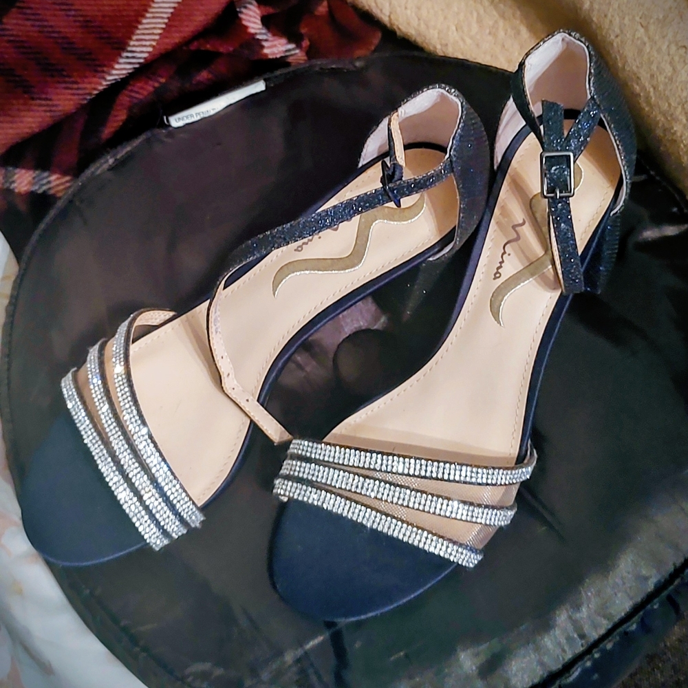 Nina Navy Blue and Silver Strappy Heels